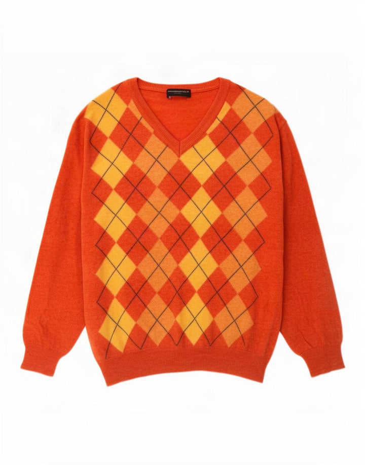 Vintage Mens V-Neck Jumper Sweater Large Orange Argyle/Diamond Wool