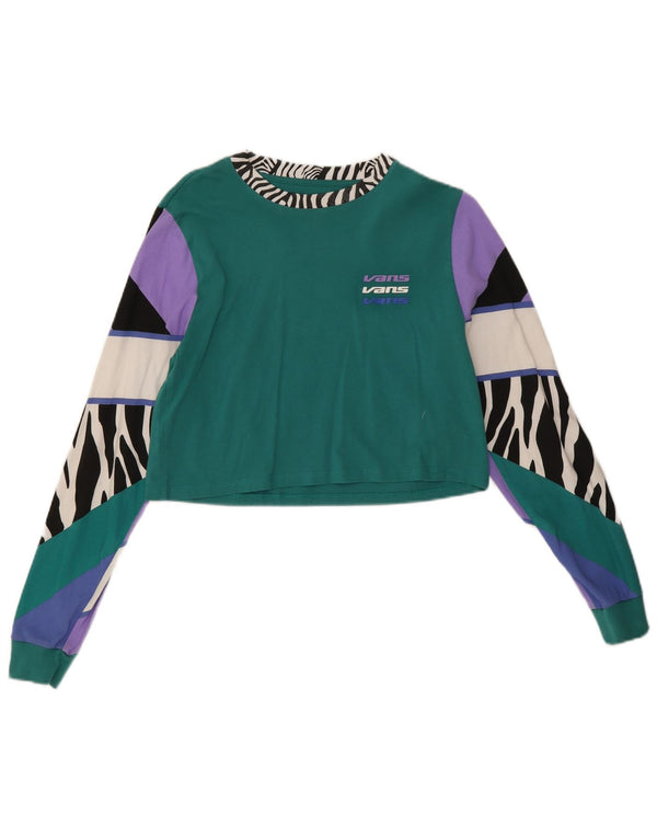Vans Womens Crop Top Long Sleeve UK 10 Small Green Animal Print Cotton