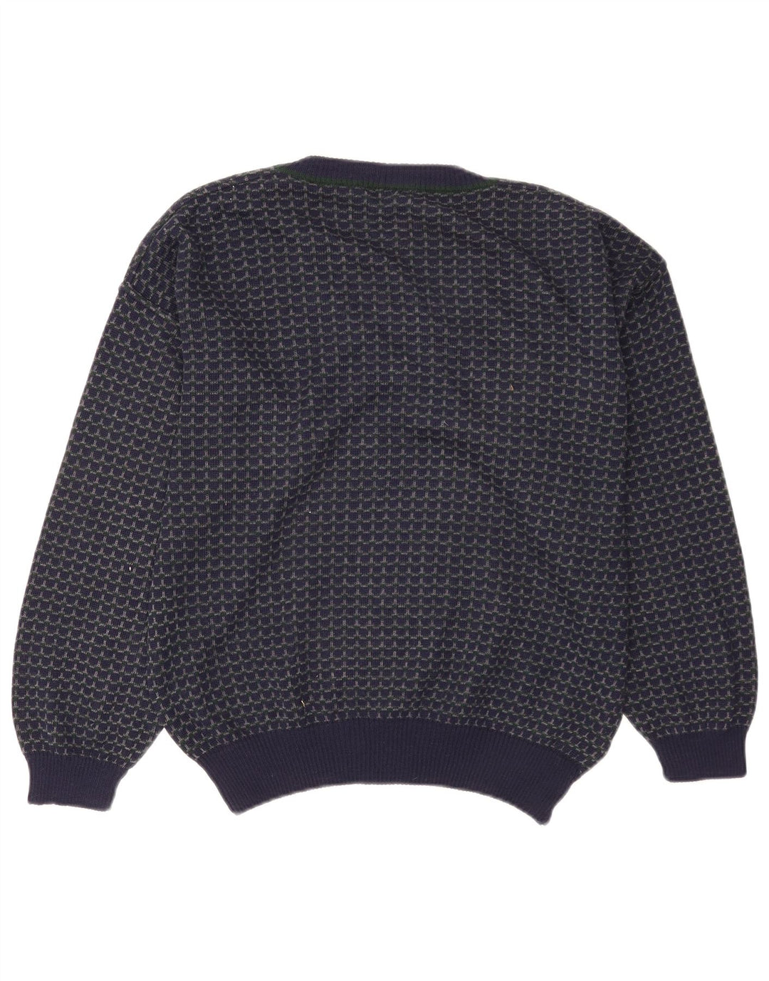 Vintage Mens V-Neck Jumper Sweater Large Navy Blue Geometric Wool