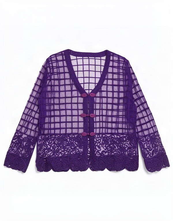 Vintage mujer ver a través de camisa blusa Reino Unido 14 medio púrpura geométrico