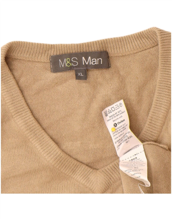 Marks & Spencer Mens V-Neck Jumper Sweater XL Beige Acrylic