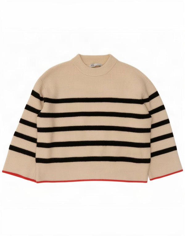 Pulover pentru femei supradimensionat cu gâtul turnat Zara UK 14 Medium Bej cu dungi