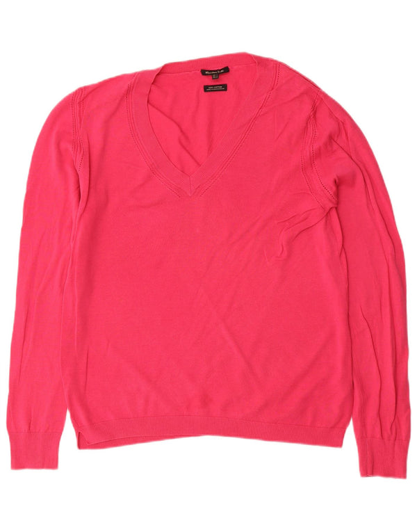 Sweter damski Massimo Dutti z dekoltem w kształcie litery V, UK 14, duży, różowy, bawełniany
