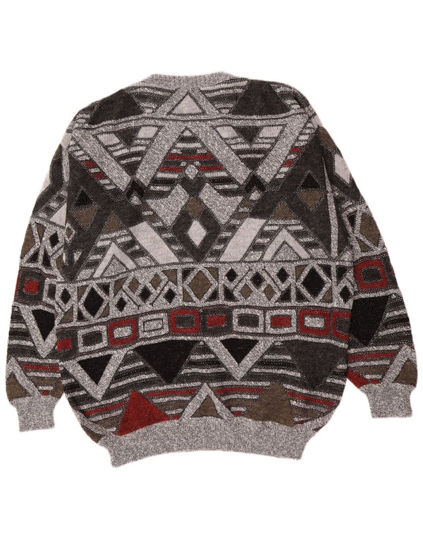 Pulover vintage pentru bărbați cu gât roșu, Marea Britanie 38/40 Medium Gri Geometric