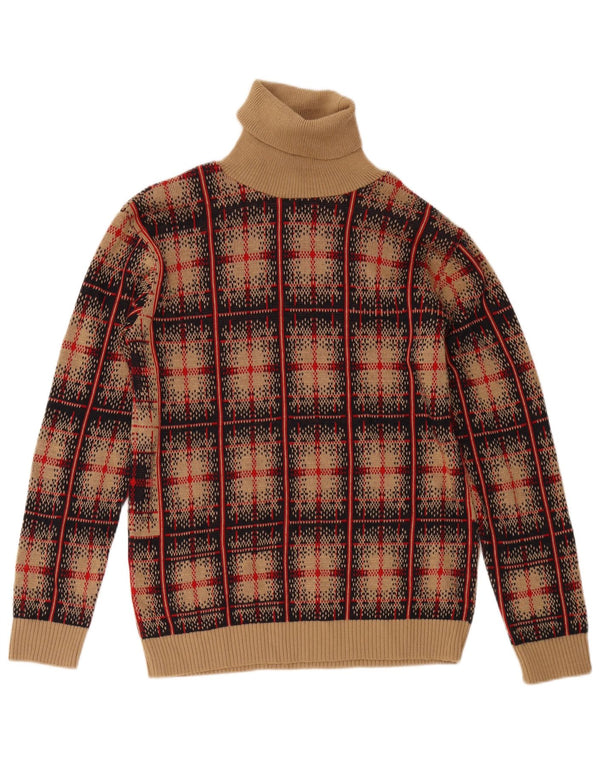 Vintage Womens Roll Neck Jumper Sweater UK 18 XL Brown Check Wool
