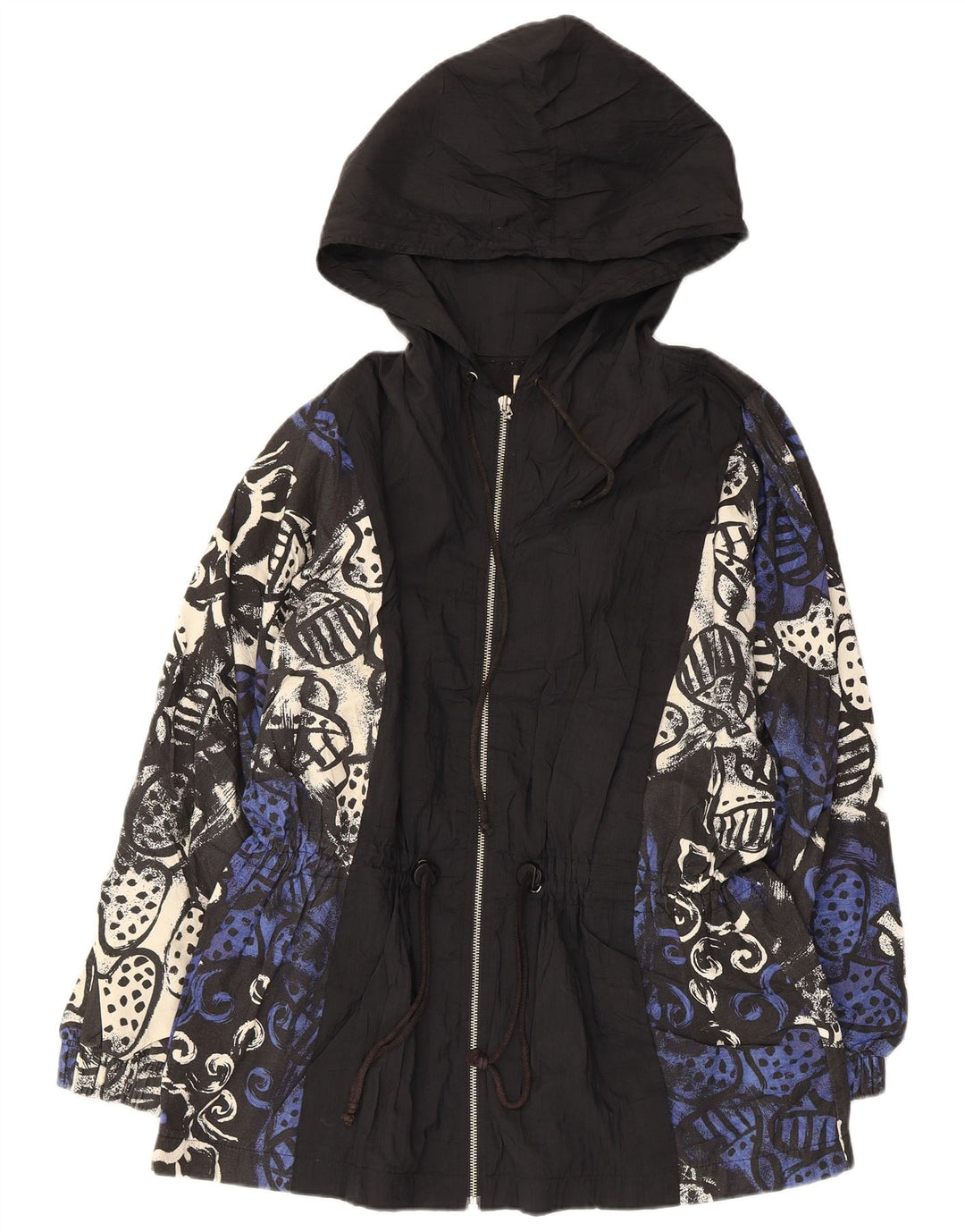 Vintage damska kurtka parka z kapturem w abstrakcyjny wzór EU 38 średnia czarna