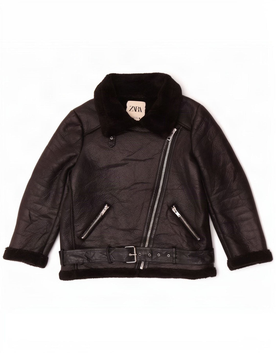 Zara Dame Sherpa Faux Læder Biker Jacket UK 14 Medium Sort Polyester