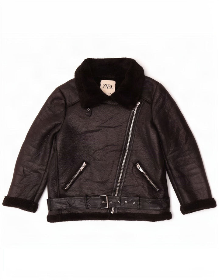 Zara Dame Sherpa Faux Læder Biker Jacket UK 14 Medium Sort Polyester