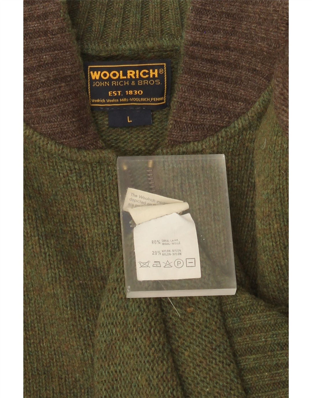 Woolrich Mens Graphic Cardigan Sweater Large Green Colourblock Wool