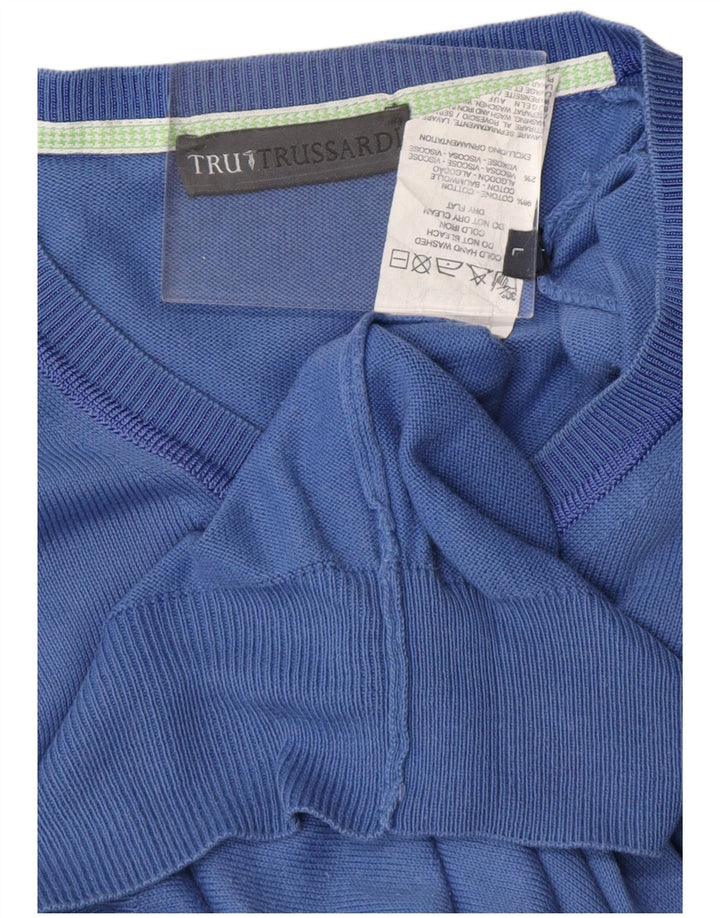TRUSSARDI Mens V-Neck Jumper Sweater Large Blue Cotton