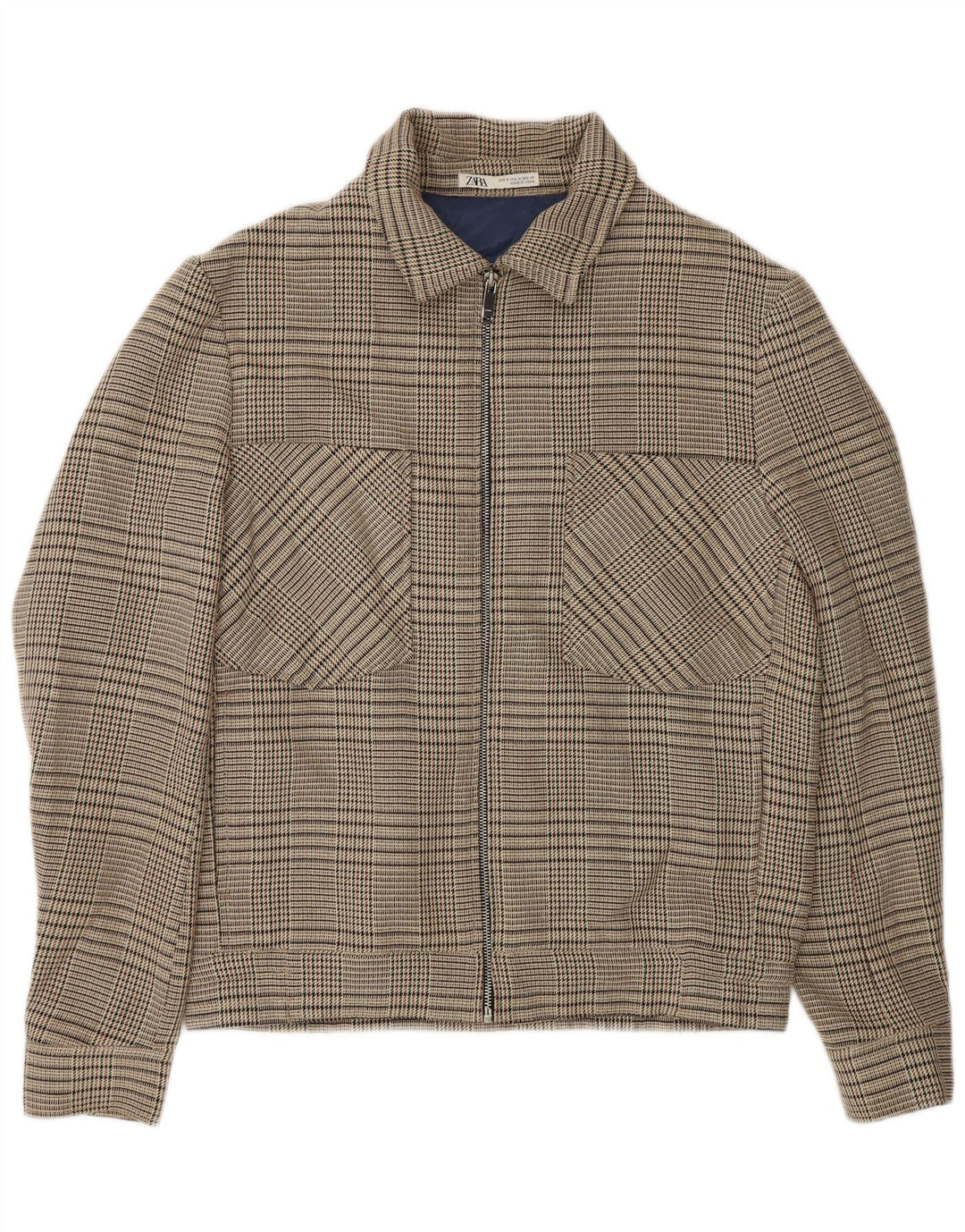 Zara Womens Full Zip Bomber Jacket UK 14 Medium Beige Check Polyester