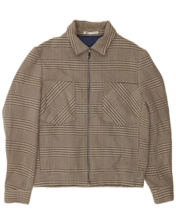 Zara Womens Full Zip Bomber Jacket UK 14 Medium Beige Check Polyester