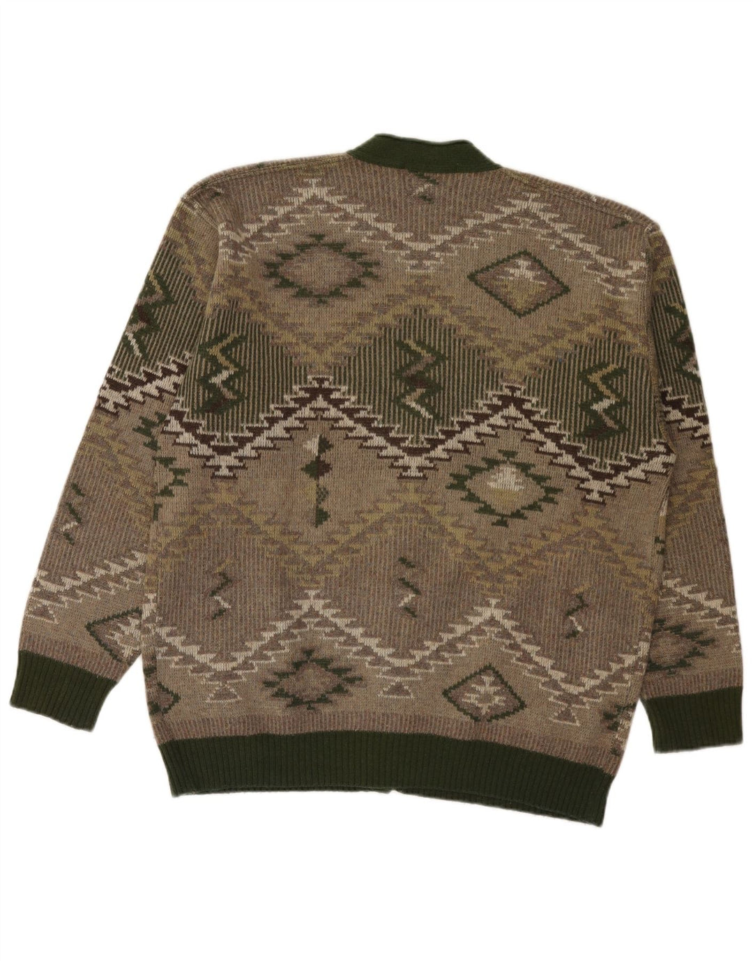 Vintage Mens Cardigan Sweater Large Green Geometric Wool