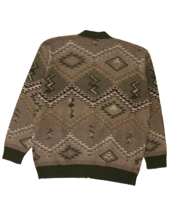 Vintage Mens Cardigan Sweater Large Green Geometric Wool