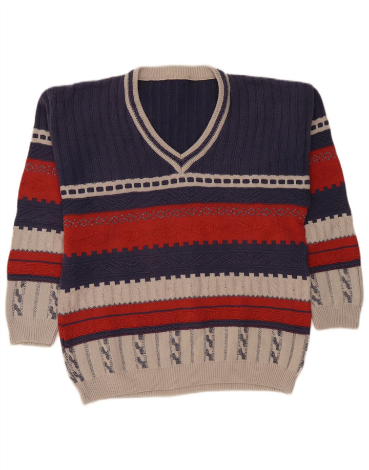 Vintage Mens V-Neck Jumper Sweater Small Navy Blue Colourblock