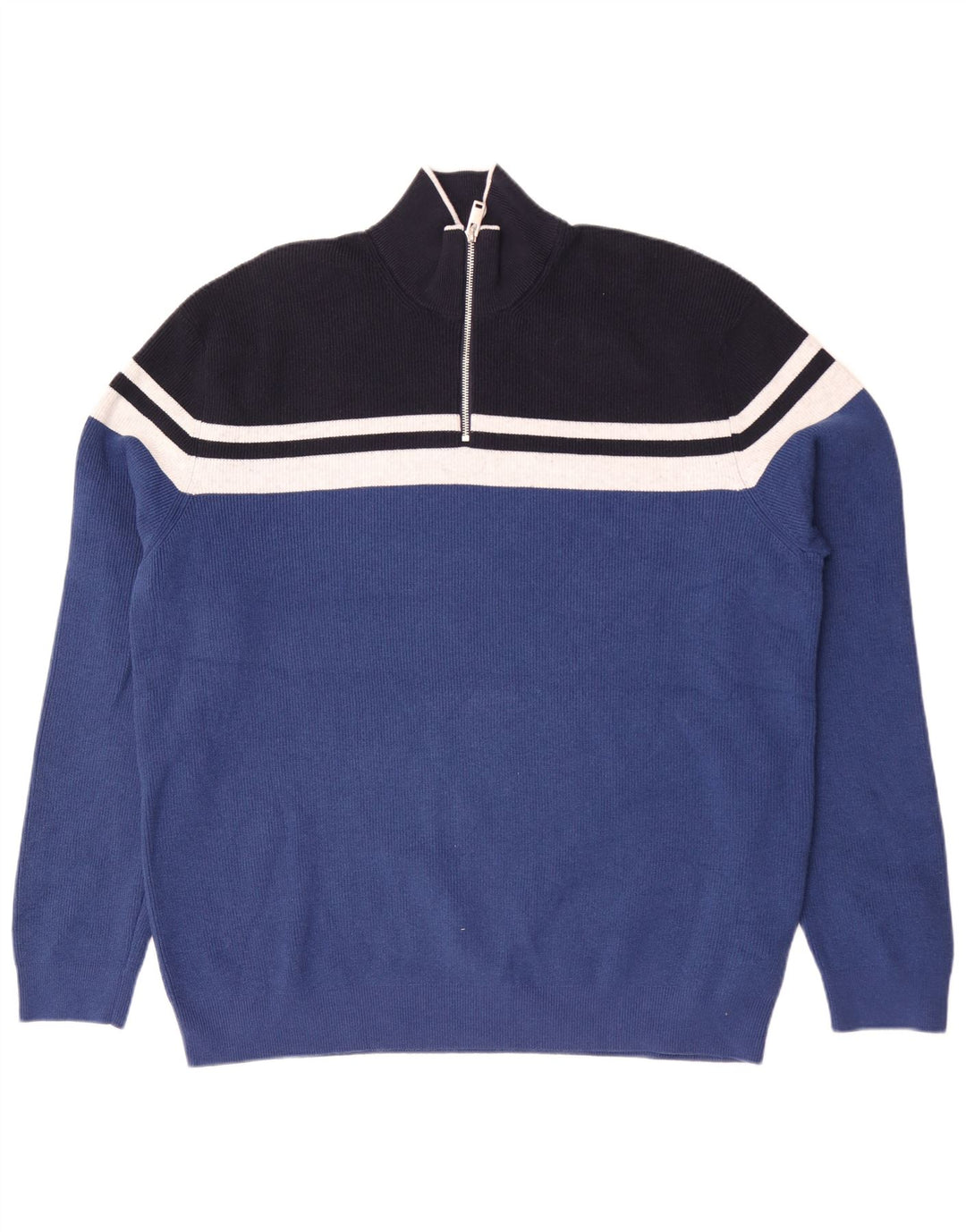 Marks & Spencer Mens Zip Neck Jumper Sweater 2XL Blue Striped Polyester