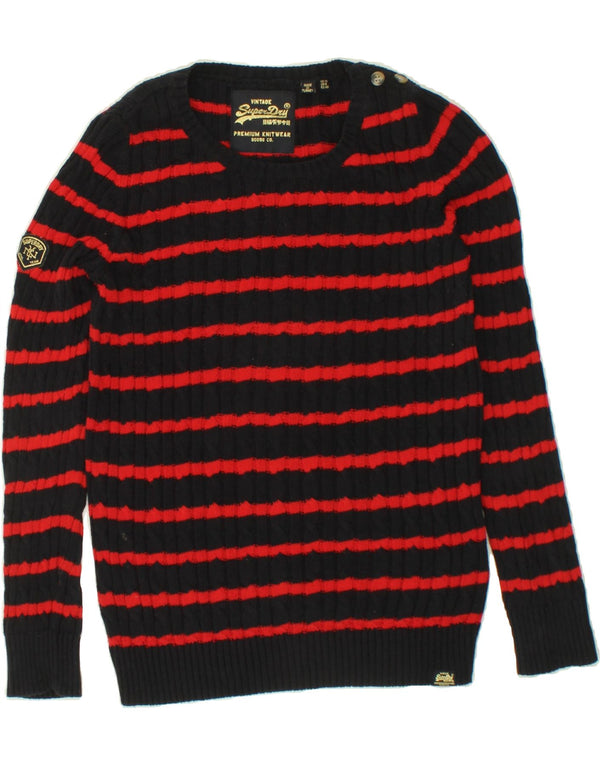 SUPERDRY Womens Boat Neck Jumper Sweater UK 12 Medium Black Striped Cotton