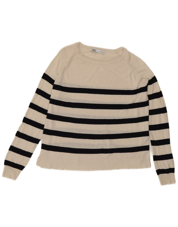Zara Damen-Pullover mit U-Boot-Ausschnitt, UK 14, mittlere, cremefarbene, gestreifte Viskose
