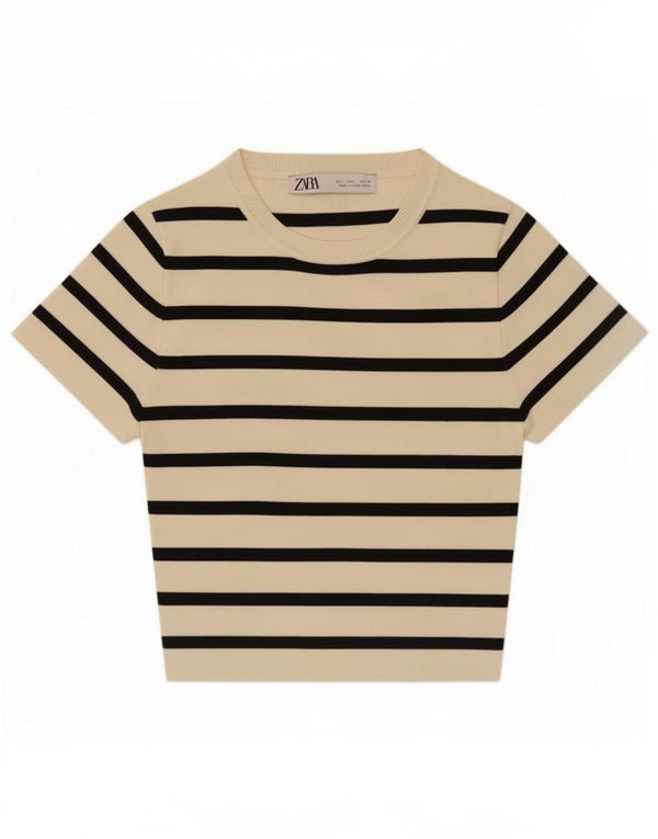 Zara Mujer Crop Camiseta Top Reino Unido 44 Grande Beige Rayas