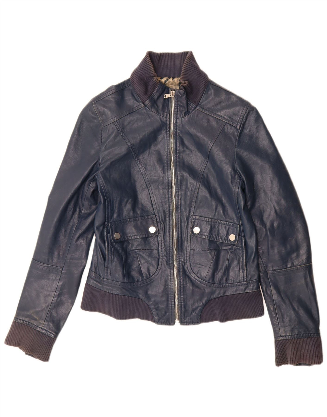 Vintage Womens Crop Leather Jacket IT 44 Medium Navy Blue Leather