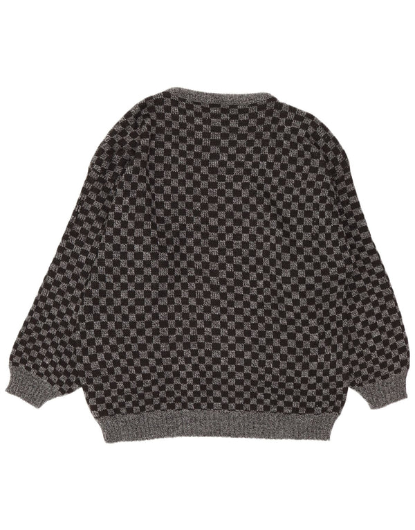 Suéter vintage masculino com decote em V grande acrílico geométrico cinza