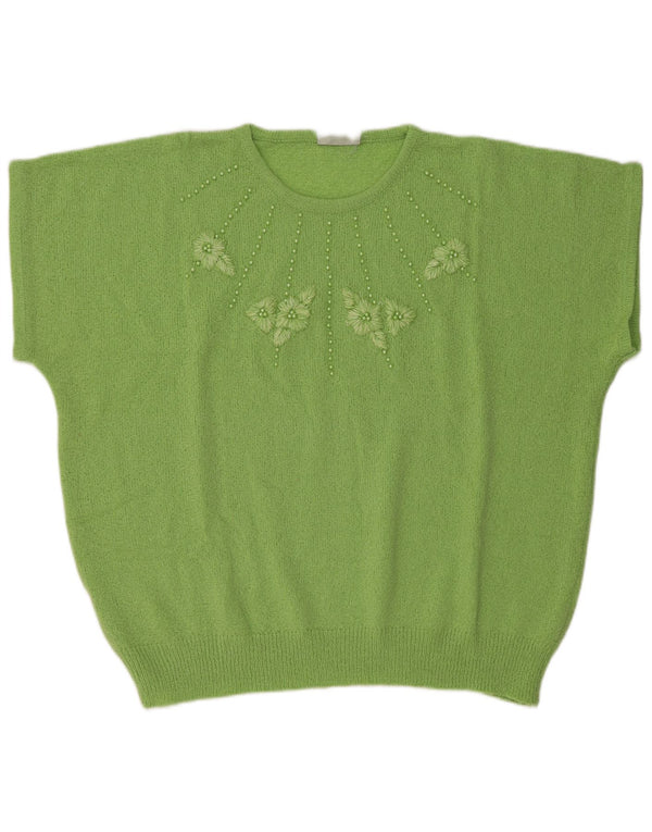 Maglione vintage da donna a maniche corte girocollo IT 58 5XL verde floreale