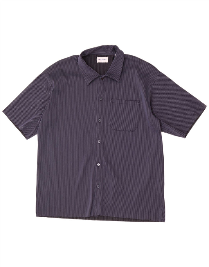 Jack & Jones Mens Short Sleeve Shirt Large Navy Blue Striped Polyester