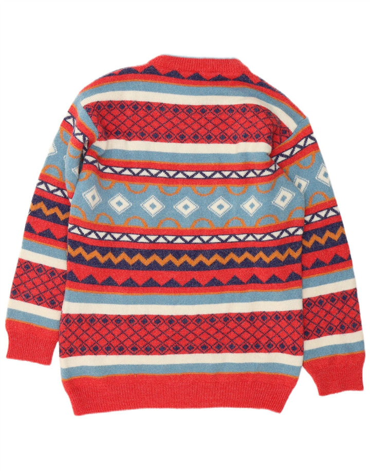 Vintage herre rund hals sweater stor flerfarvet geometrisk uld