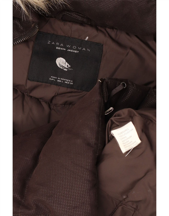 Zara Womens Hooded Padded Jacket UK 40 Large Brown Polyester