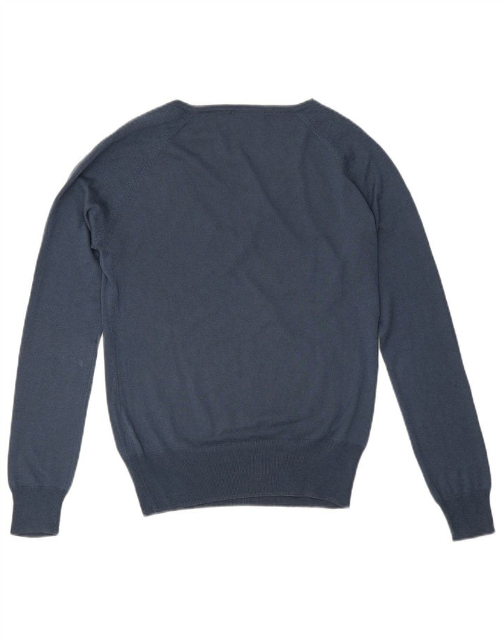 Massimo Dutti Damen-Pullover mit V-Ausschnitt, UK 12, mittelblaue Seide
