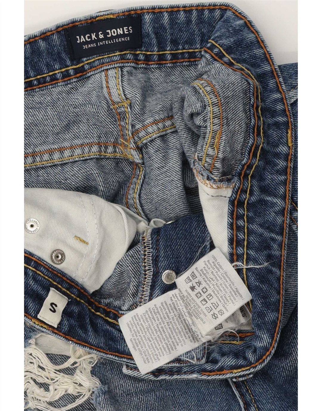 Jack & Jones Mens Distressed Regular Fit Denim Shorts Small W28 Blue Cotton