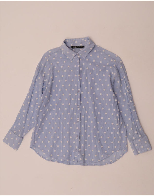 Zara Mujer Camisa UK 10 Small Azul Lunares Poliéster