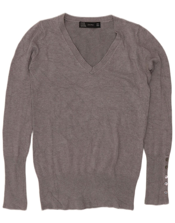 Zara Womens V-Neck Jumper Sweater UK 10 Small Grey