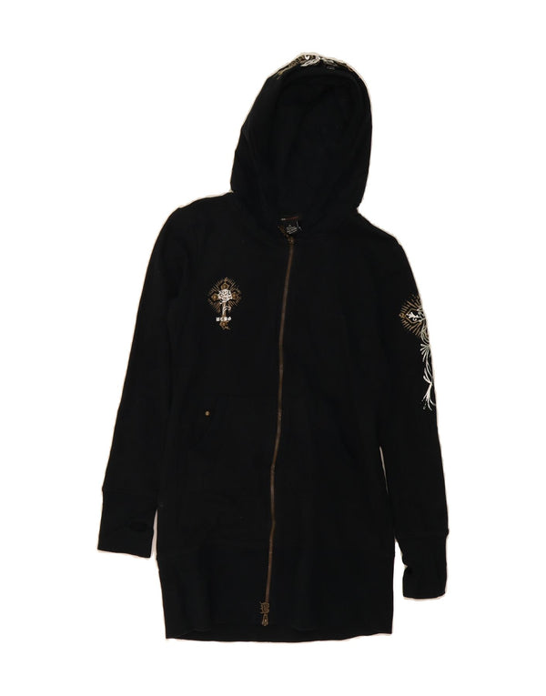 BCBGMAXAZRIA Womens Longline Graphic Zip Hoodie Sweater UK 12 Medium Black