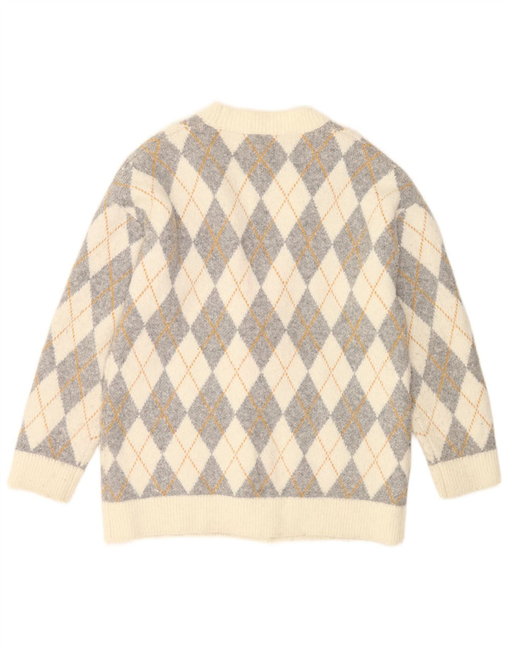 Zara Womens Oversized Cardigan Sweater UK 10 Small Off White Argyle/Diamond