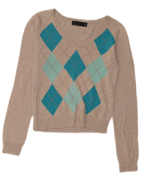Zara Womens Crop V-Neck Jumper Sweater UK 10 Small Beige Argyle/Diamond