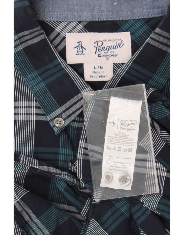 Penguin Mens Shirt Large Navy Blue Check Cotton