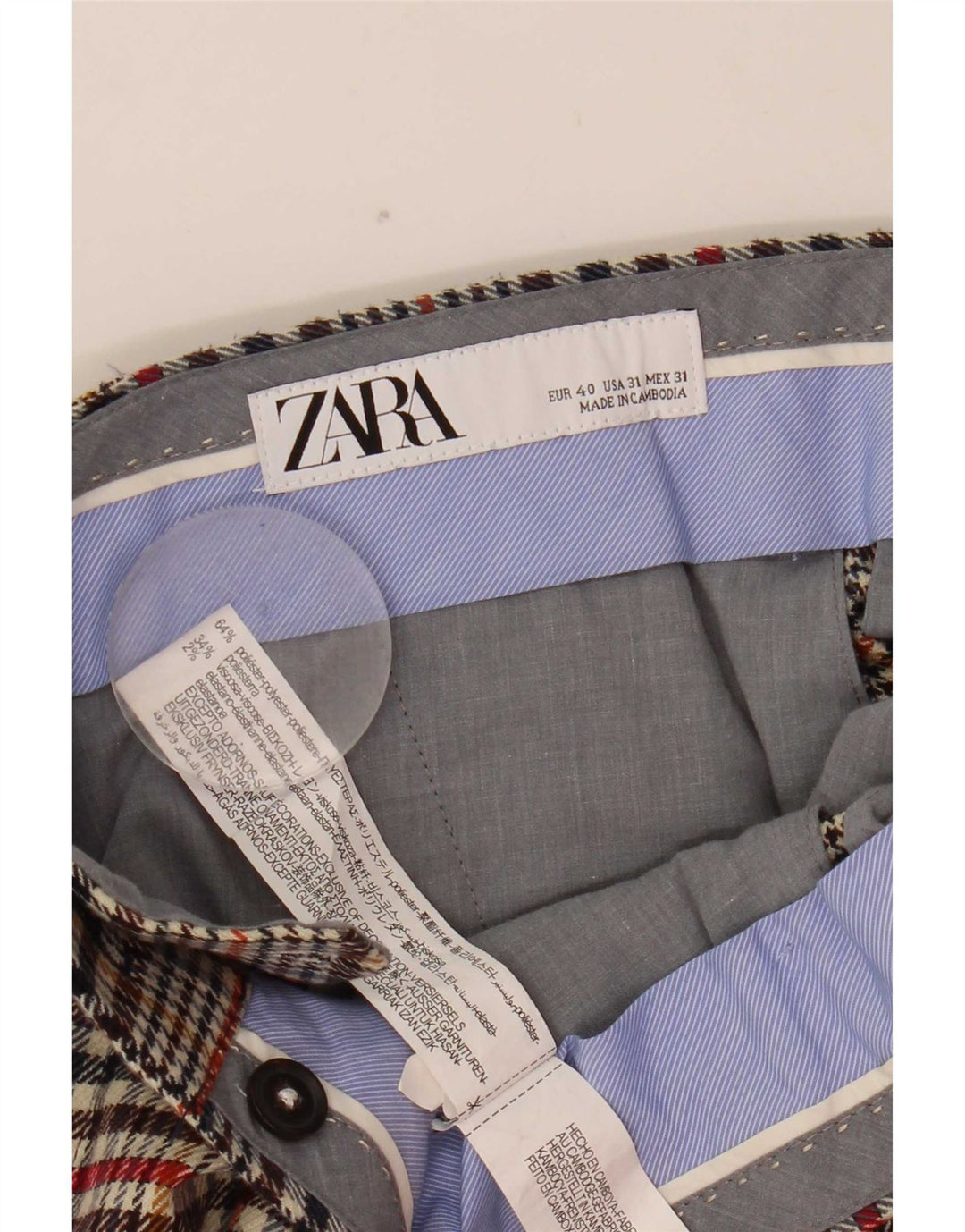 Zara Mens Cropped Trousers EU 40 Medium W31 L25 Beige Check Polyester