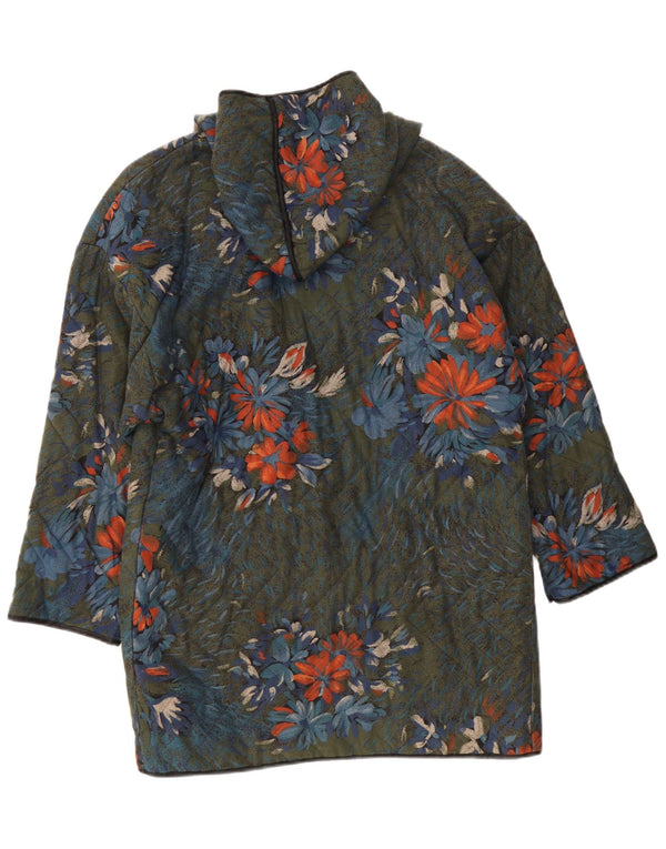Vintage Womens Hooded Oversized Overcoat UK 10 Small Green Floral Cotton