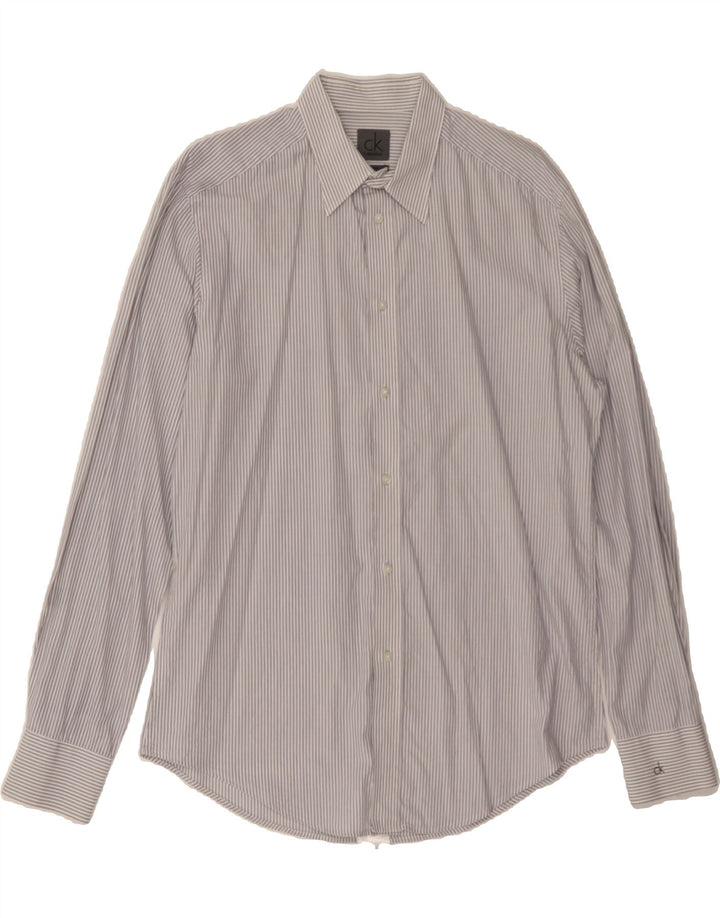 CALVIN KLEIN Mens Regular Fit Shirt Large Grey Striped Vintage Calvin Klein and Second-Hand Calvin Klein from Messina Hembry 