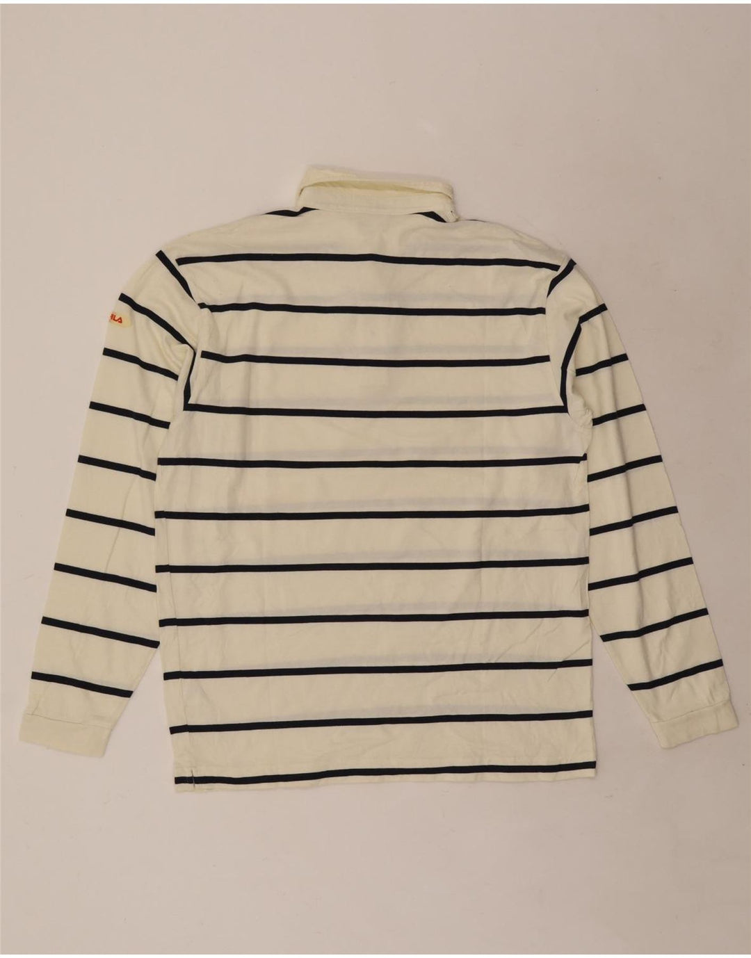 Fila Mens Long Sleeve Polo Shirt Medium Off White Striped Cotton