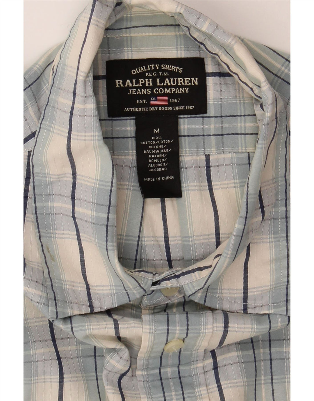 RALPH LAUREN Mens Short Sleeve Shirt Medium Blue Check Cotton Vintage Ralph Lauren and Second-Hand Ralph Lauren from Messina Hembry 