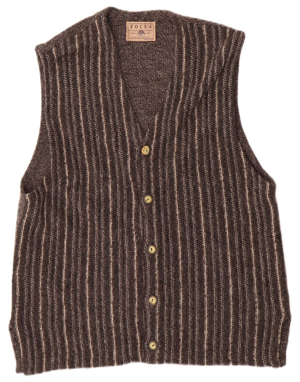 Vintage Mens Sleeveless Cardigan Sweater Medium Grey Striped Wool