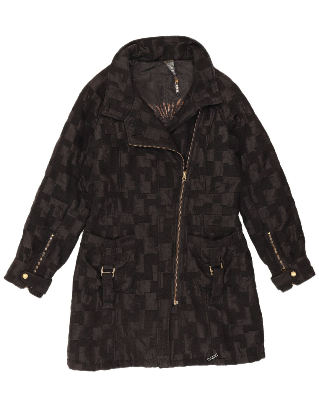 Desigual Womens Windbreaker Coat EU 40 Medium Black Geometric