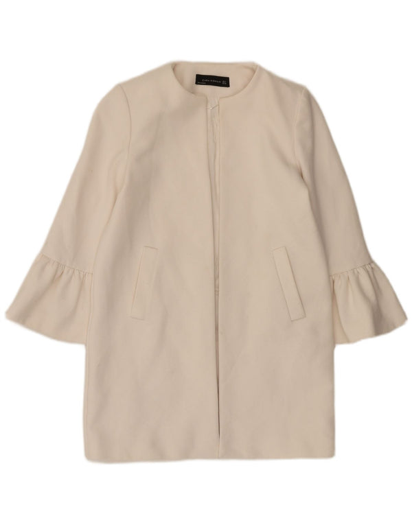 Zara Veste Blazer Ouverte Longue Femme UK 10 Petit Polyester Blanc