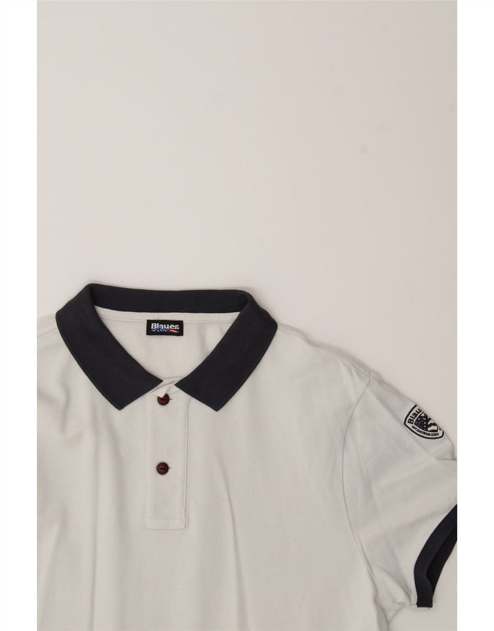 BLAUER Mens Graphic Polo Shirt Medium White Vintage Blauer and Second-Hand Blauer from Messina Hembry 