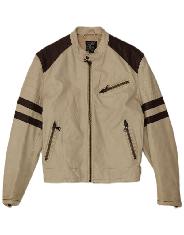 Gas Mens Leather Racer Jacket UK 40 Large Beige Colourblock