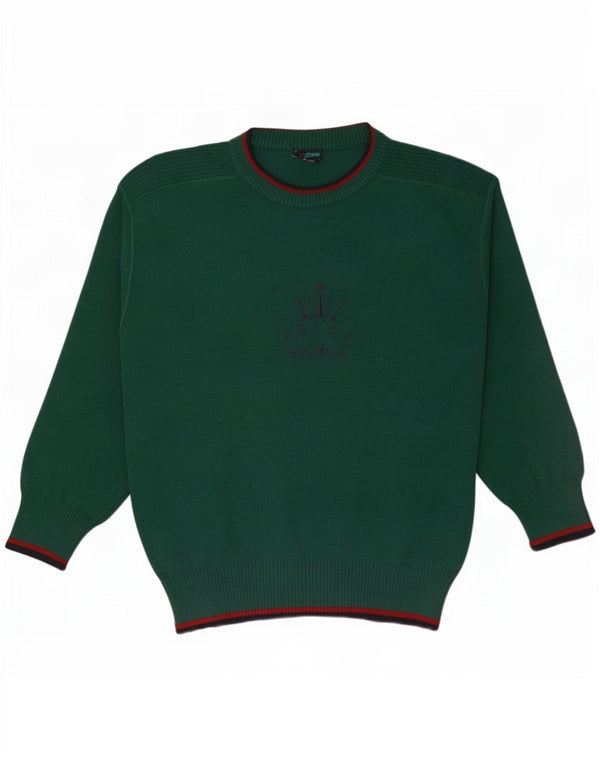 vintage Mens Graphic Crew Neck Jumper Pull Grand Vert