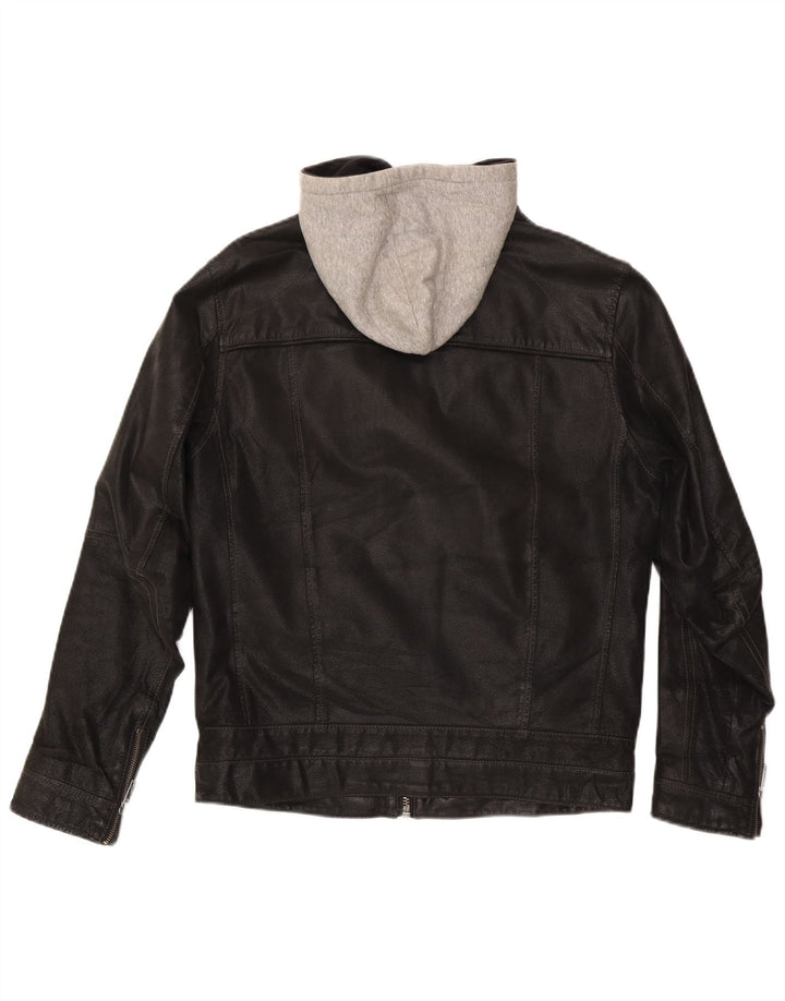 Angelo Litrico Mens Hooded Leather Jacket UK 36 Small Black Colourblock