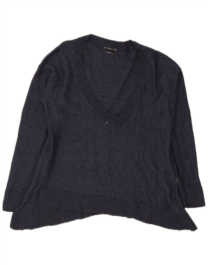 Zara Womens Oversized V-Neck Jumper Sweater UK 14 Medium Navy Blue Flecked